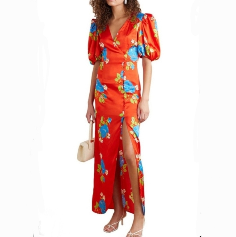 De La Vali Red Floral Silk Ohio Maxi Dress